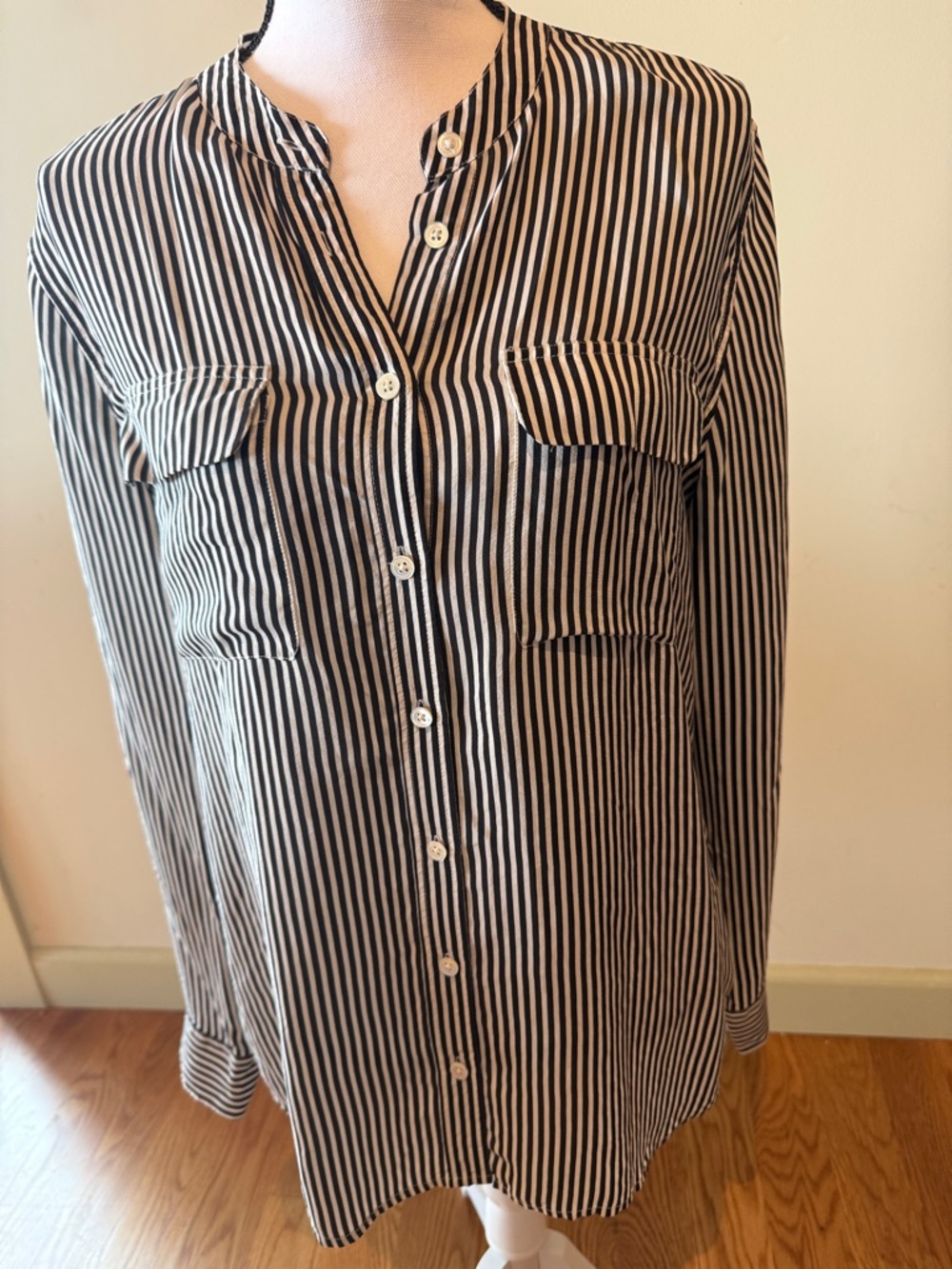 Equipment Silk Striped Black and White Long-Sleeve Button-Front Shirt